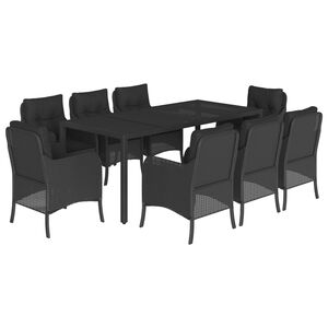 vidaXL 9 pcs conjunto de jantar p/ jardim c/ almofad&otilde;es vime PE preto