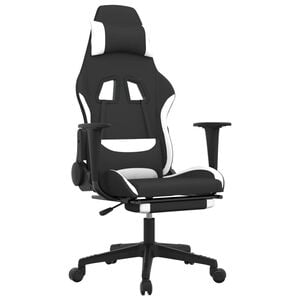 vidaxL Cadeira de gaming com apoio de p&eacute;s tecido preto e branco