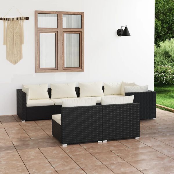 vidaXL 7 pcs conjunto lounge de jardim c/ almofad&otilde;es vime PE preto