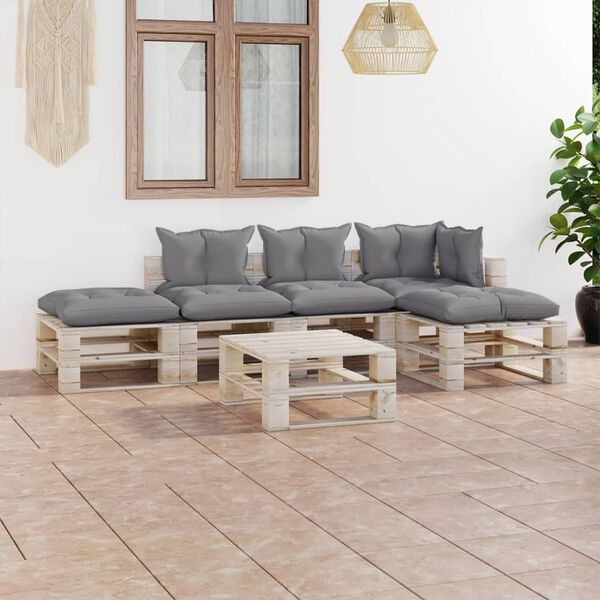 vidaxL Conjunto lounge de paletes p/ jardim 6 pcs c/ almofad&otilde;es pinho