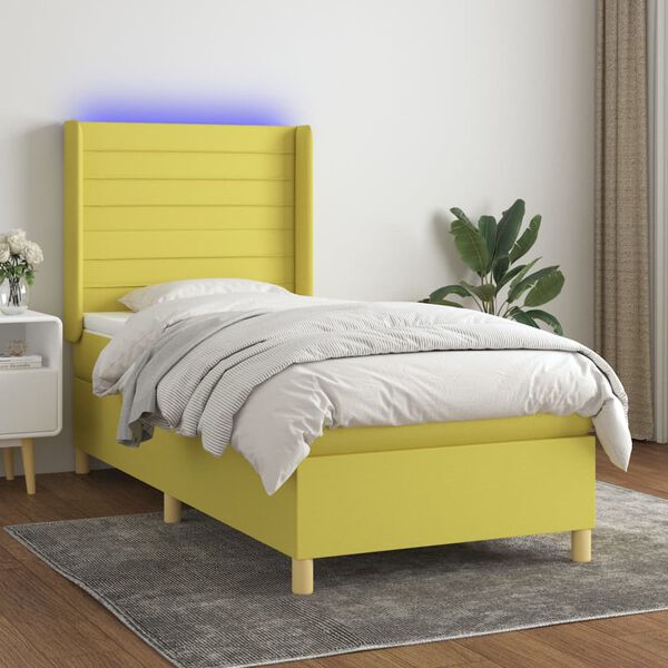 vidaXL Cama box spring c/ colch&atilde;o e LED 90x200 cm tecido verde