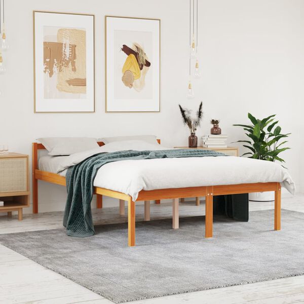 vidaXL Cama para idosos 135x190 cm madeira pinho maci&ccedil;a castanho cera