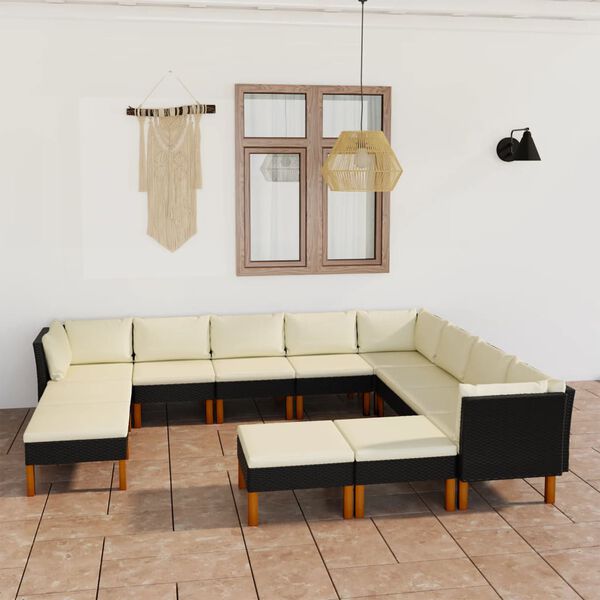vidaXL 12 pcs conjunto lounge de jardim c/ almofad&otilde;es vime PE preto