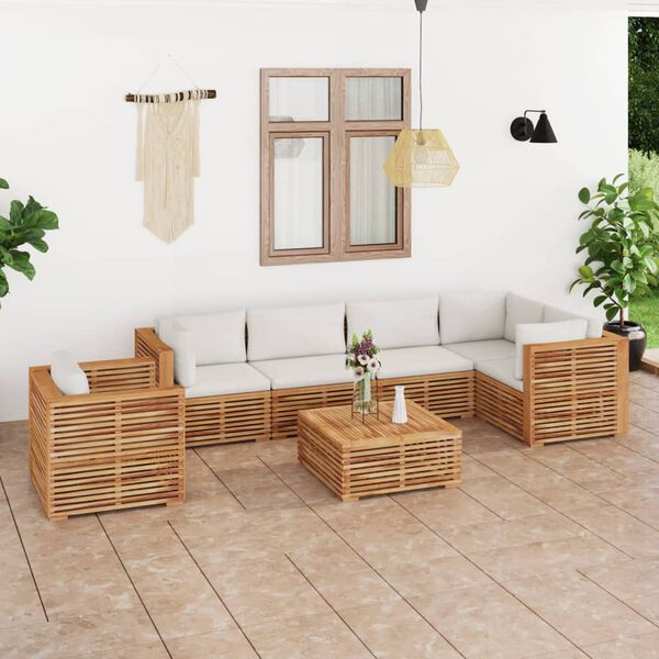 vidaXL 7 pcs conjunto lounge jardim + almofad&otilde;es cor creme teca maci&ccedil;a