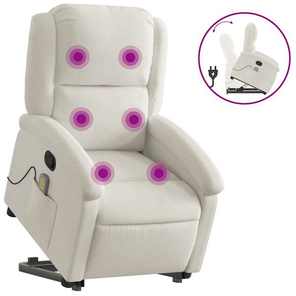 vidaXL Poltrona elevatória de massagens veludo cor creme
