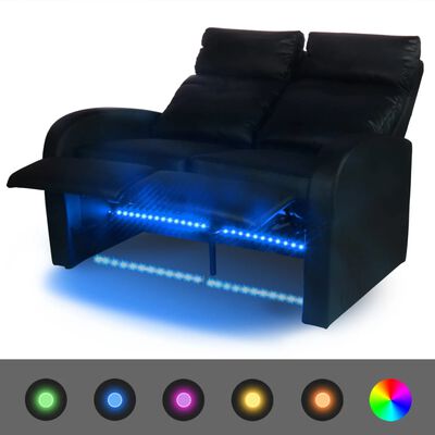 vidaXL Poltrona reclinável LED 2 lugares, couro artificial, preto