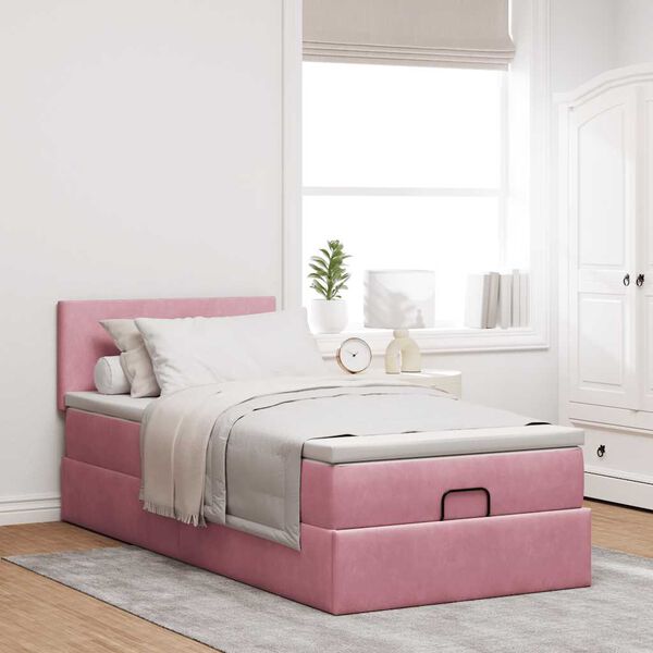 vidaXL Estrutura de cama otomana com colch&atilde;o 80x200 cm veludo rosa