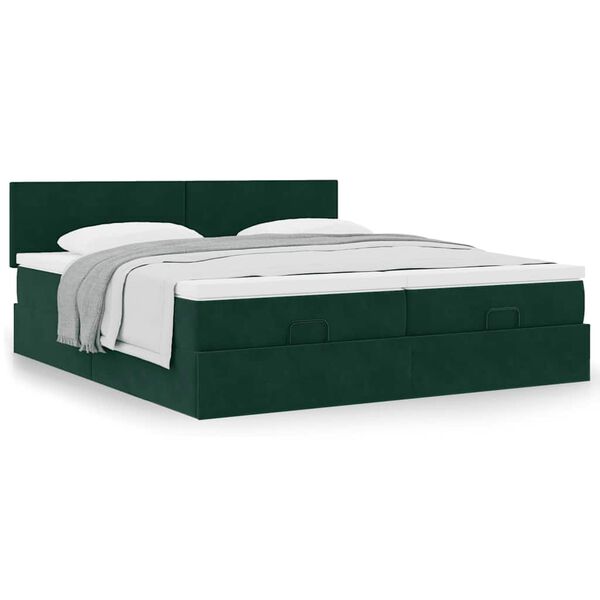 vidaXL Estrutura de cama otomana com colch&atilde;o verde escuro Veludo