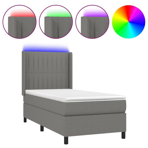 vidaXL Cama box spring c/ colch&atilde;o e LED 90x200 cm tecido cinza-escuro