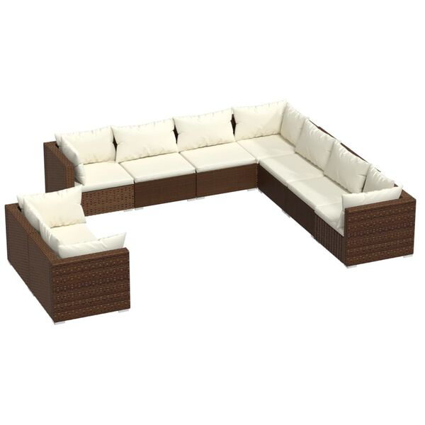 vidaXL 9 pcs conjunto lounge jardim c/ almofad&otilde;es vime PE castanho