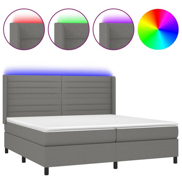 vidaXL Cama box spring c/ colch&atilde;o e LED 200x200 cm tecido cinza-escuro