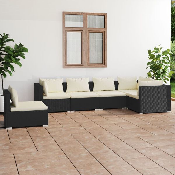 vidaXL 6 pcs conjunto lounge de jardim c/ almofad&otilde;es vime PE preto