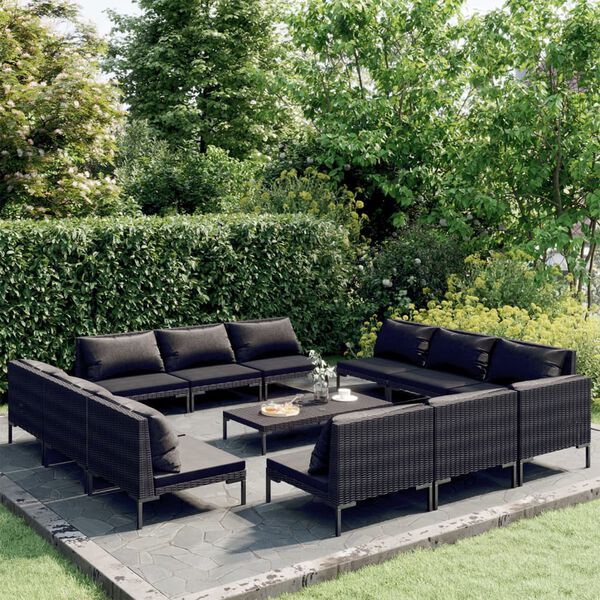 vidaXL 13 pcs conj. lounge jardim c/ almofad&otilde;es vime PE cinza escuro