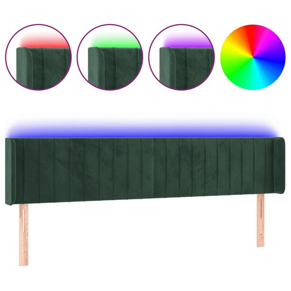 vidaXL Cabeceira cama c/ luzes LED veludo 163x16x78/88 cm verde-escuro