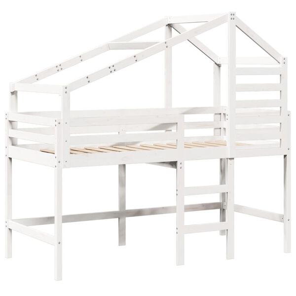 vidaXL Cama alta c/ escada e telhado 90x190 cm pinho maci&ccedil;o branco