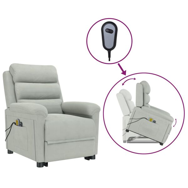 vidaXL Poltrona elevatória de massagens veludo cinzento-claro
