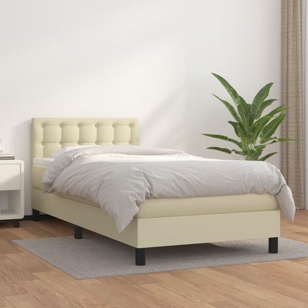 vidaXL Cama com molas/colch&atilde;o 90x200 cm couro artificial cor creme