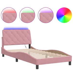 vidaXL Estrutura de cama com LED sem colch&atilde;o 100x200 cm veludo rosa