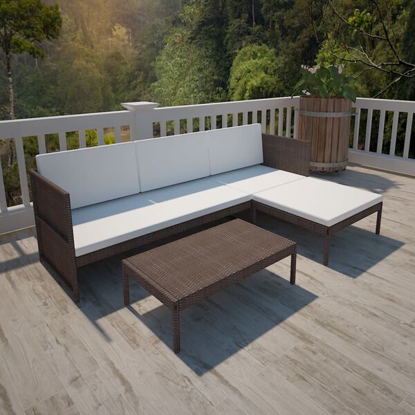 vidaXL 3 pcs conjunto lounge jardim c/ almofadões vime PE castanho
