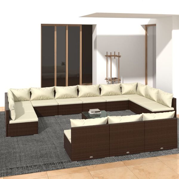 vidaXL 14 pcs conjunto lounge de jardim c/ almofad&otilde;es vime PE castanho