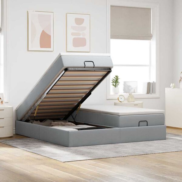 vidaXL Estrutura de cama otomana com colch&otilde;es tecido cinzento claro