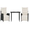 vidaXL 3 pcs conjunto de jantar p/ jardim c/ almofad&otilde;es vime PE preto