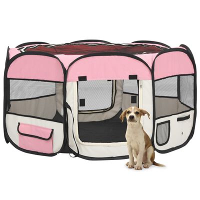 vidaXL Parque dobrável p/ cão c/ saco de transporte 125x125x61cm rosa
