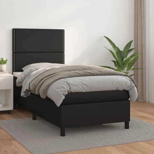 vidaXL Cama com molas/colch&atilde;o 90x190 cm couro artificial preto