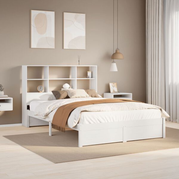 vidaXL Cama com estante sem colch&atilde;o 160x200 cm pinho maci&ccedil;o branco