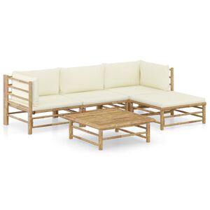 vidaXL 5 pcs conj. lounge p/ jardim em bambu c/ almofad&otilde;es branco nata