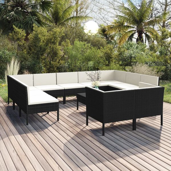 vidaXL 12 pcs conjunto lounge de jardim c/ almofad&otilde;es vime PE preto
