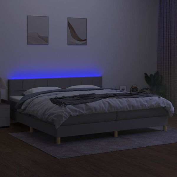 vidaXL Cama box spring c/ colch&atilde;o e LED 200x200 cm tecido cinza-claro