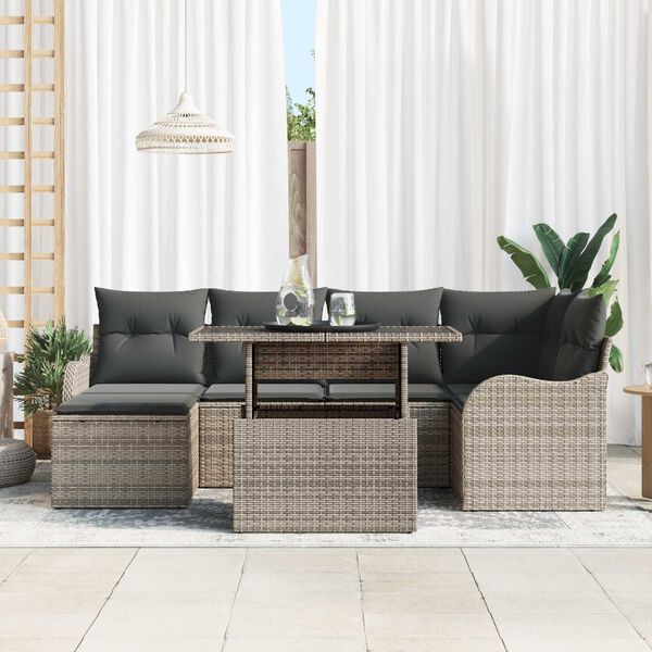 vidaXL Conjunto de Sof&aacute; de Jardim 7 pcs Cinzeto Rattan Sint&eacute;tico