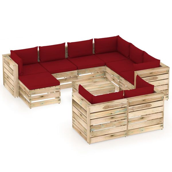 vidaXL 10 pcs conj. lounge jardim c/ almofad&otilde;es madeira impreg. verde