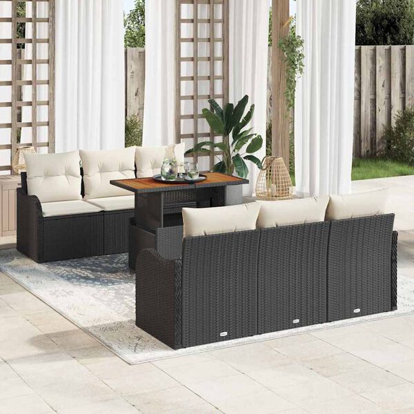 vidaXL Conjunto de Sof&aacute; de Jardim 7 pcs Preto e Creme vime PE