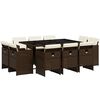 vidaXL 11 pcs conjunto jantar p/ jardim c/ almofad&otilde;es vime PE castanho