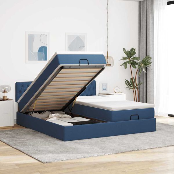 vidaXL Estrutura de cama otomana com colch&otilde;es 160x200cm tecido azul