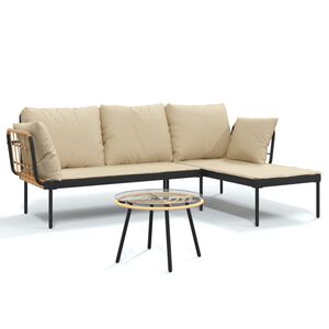 vidaXL 3 pcs conjunto lounge de jardim c/ almofad&otilde;es beges vime PE