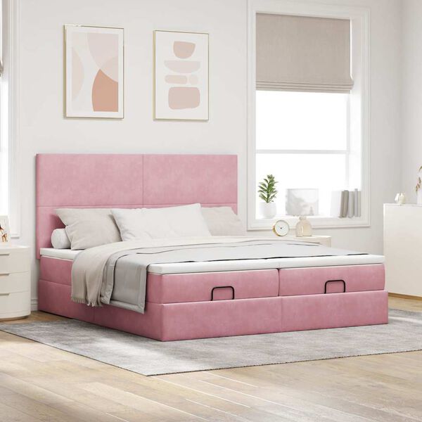 vidaXL Estrutura de cama otomana com colch&otilde;es 160x200 cm veludo rosa
