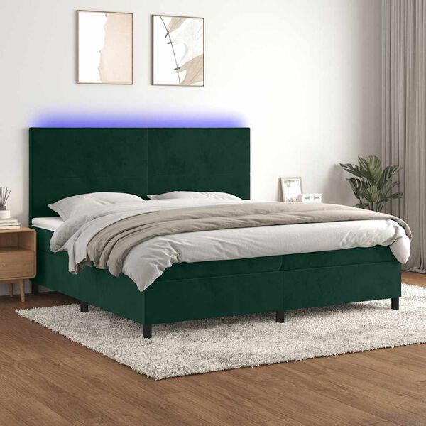 vidaXL Cama box spring c/ colch&atilde;o/LED 200x200 cm veludo verde-escuro