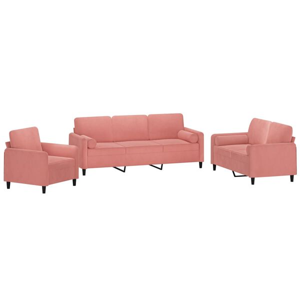 vidaXL 3 pcs conjunto sof&aacute;s c/ almofadas/almofad&otilde;es veludo rosa