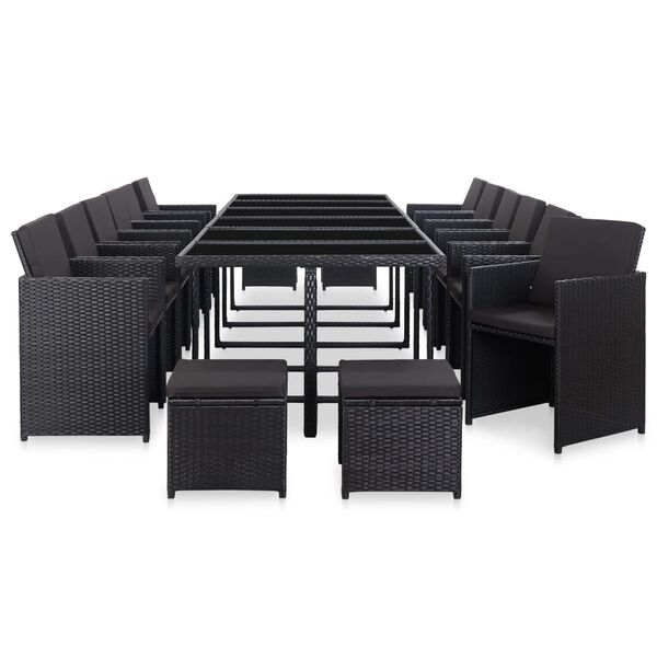 vidaXL 17 pcs conjunto jantar exterior com almofad&otilde;es vime PE preto