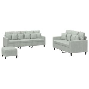 vidaXL 3 pcs conjunto de sof&aacute;s com almofad&otilde;es veludo cinzento-claro