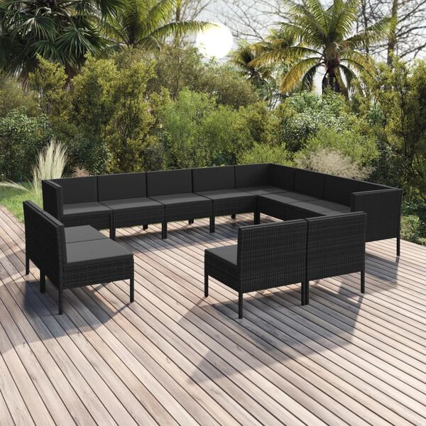 vidaXL 12 pcs conjunto lounge de jardim c/ almofad&otilde;es vime PE preto
