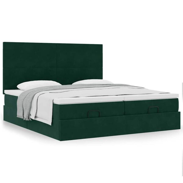 vidaXL Estrutura de cama otomana com colch&atilde;o verde escuro veludo