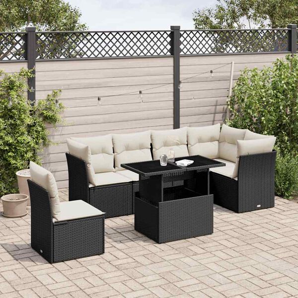 vidaXL 7 pcs conjunto de sof&aacute;s p/ jardim c/ almofad&otilde;es vime PE preto