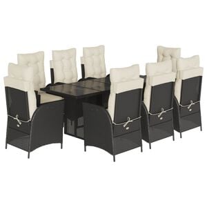 vidaXL 9 pcs conjunto de jantar p/ jardim c/ almofad&otilde;es vime PE preto