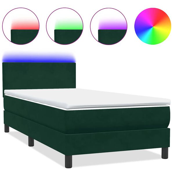 vidaXL Cama box spring c/ colch&atilde;o e LED 100x220 cm veludo verde-escuro