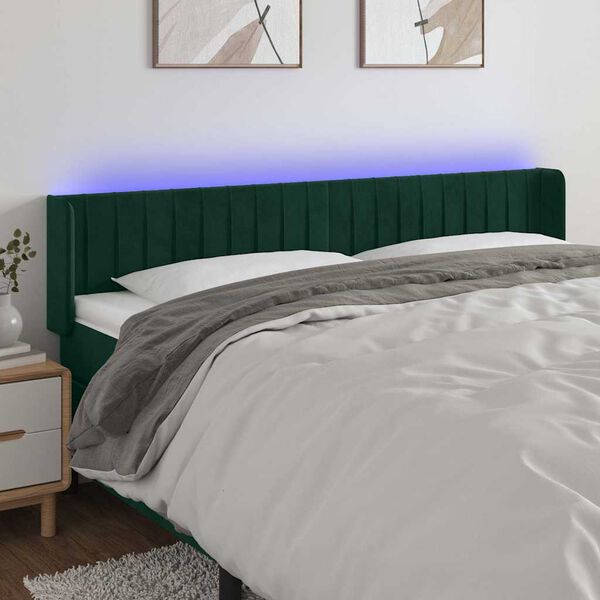 vidaXL Cabeceira cama c/ luzes LED veludo 203x16x78/88 cm verde-escuro
