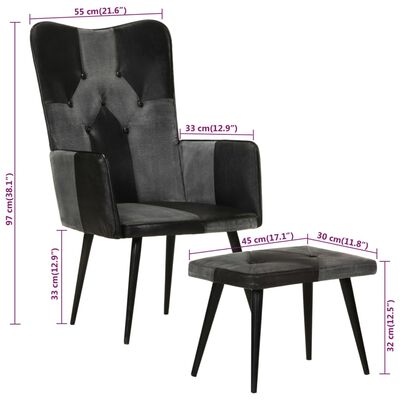 vidaXL Cadeira com braços e apoio de pés couro genuíno e lona preto